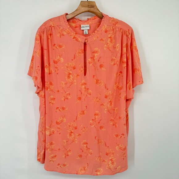 Ava & Viv Women's Plus Size 2X Coral Floral Blouse Rayon short sleeve - Picture 5 of 7